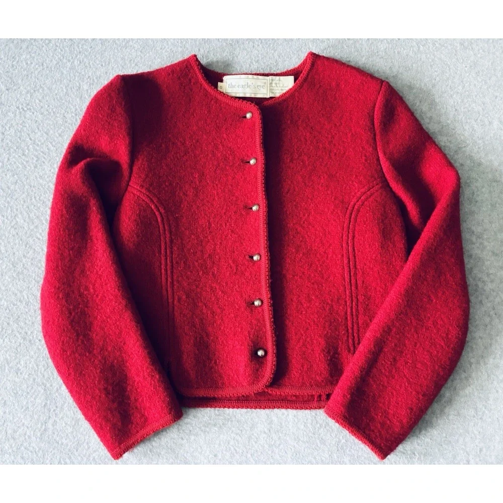 Vintage The‎ Eagles Eye Size 10 Boiled Wool Red Cardigan Sweater Silver Buttons